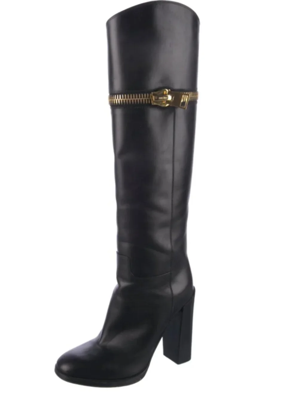 Tom Ford Knee High Boots Women Size 8.5 Black Gold Zipper Leather Statement Bold